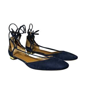 Aquazzura Navy Blue Suede Lace Up Ankle Strap Flats Gold Heels Size 40